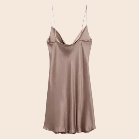 Zara Taupe Rhinestone Strap Mini Slip Dress Size Small - Picture 2 of 15